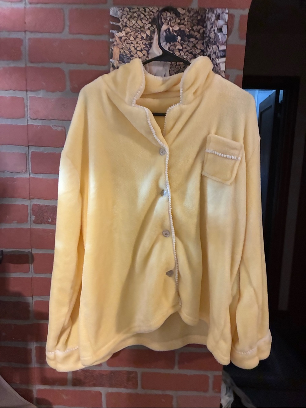 Plush Yellow Button-Front Pajama Top with Hood